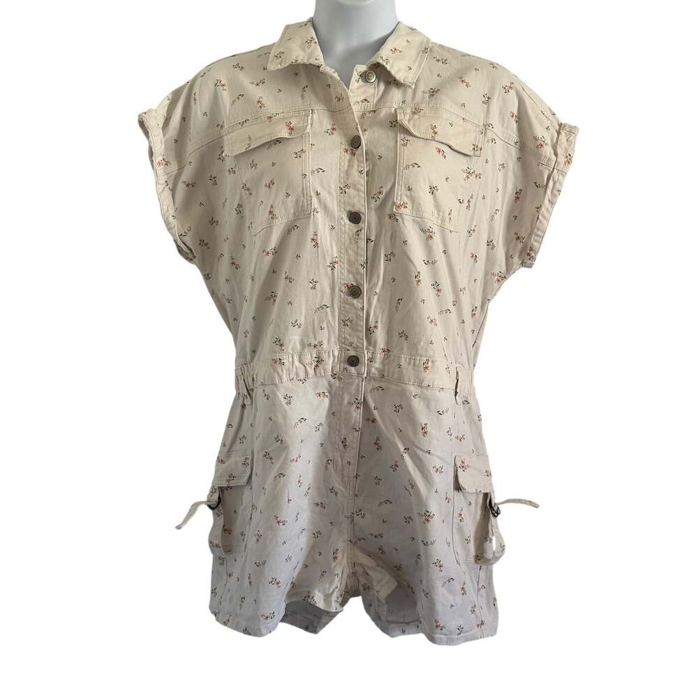 celebrity pink denim romper shorts plus size XXXL ditsy print floral offwhite